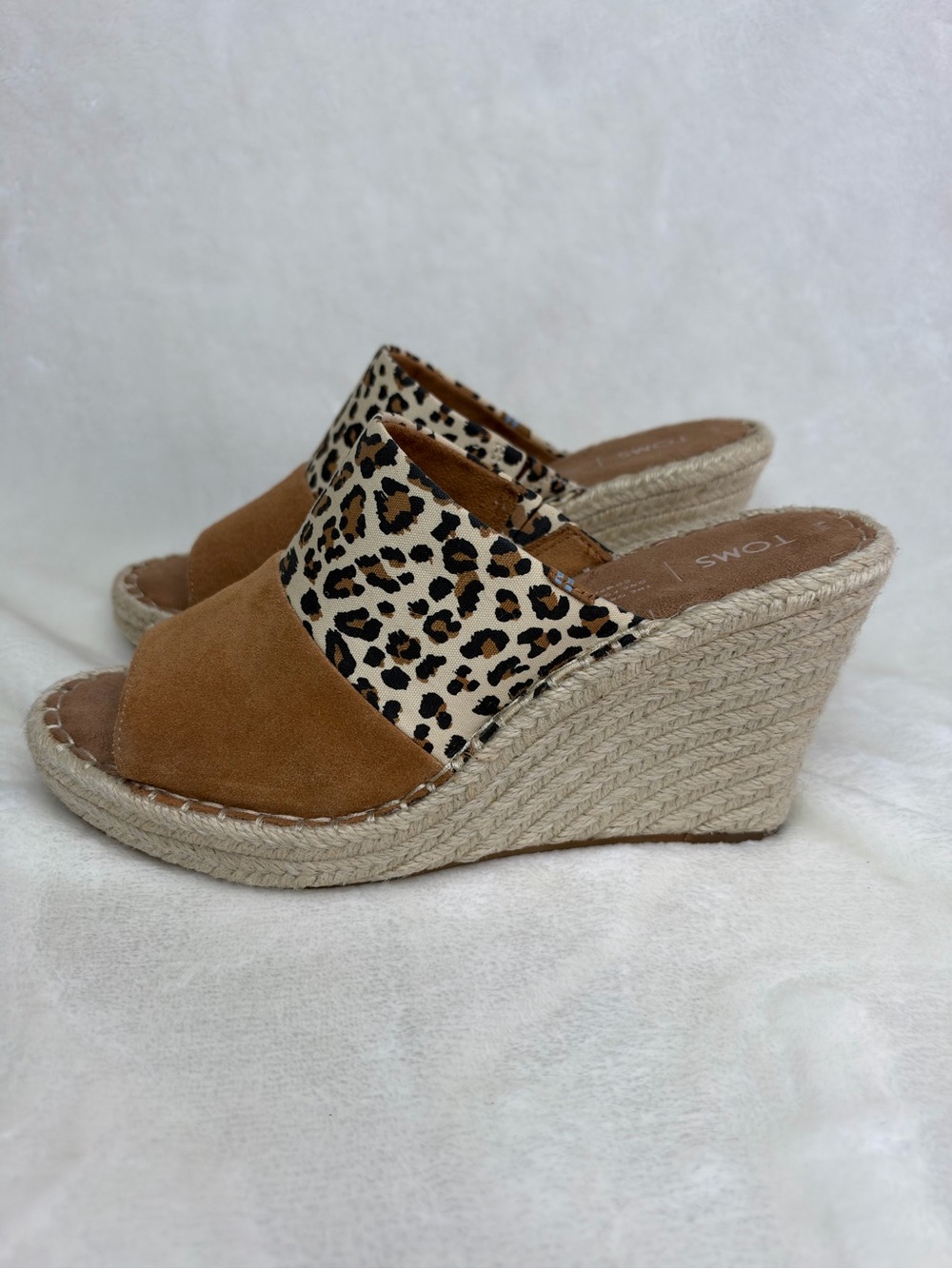 TOMS Leopard Print and Tan Espadrille Wedge Slides